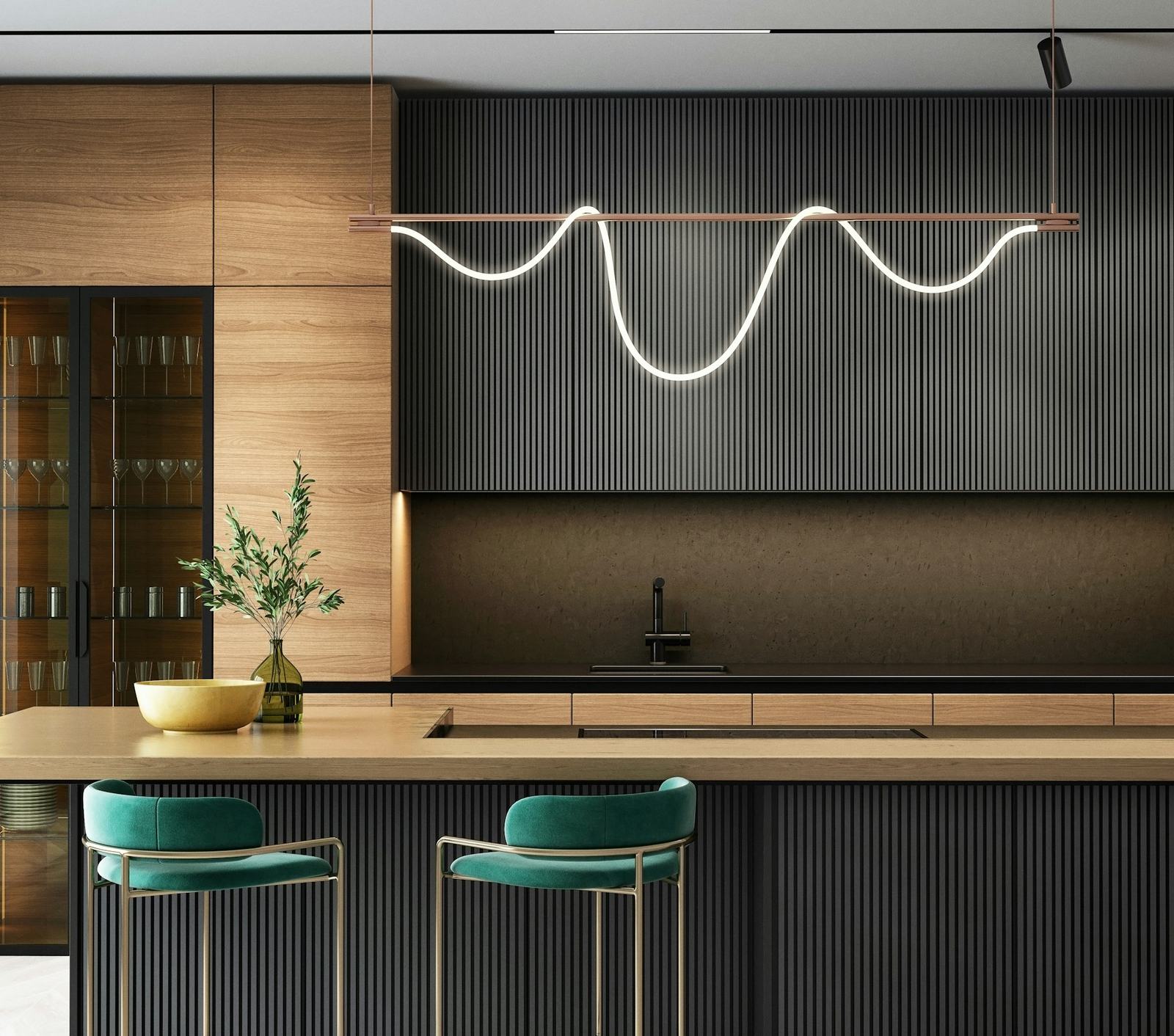 Modular kitchen with wood and fluted panels